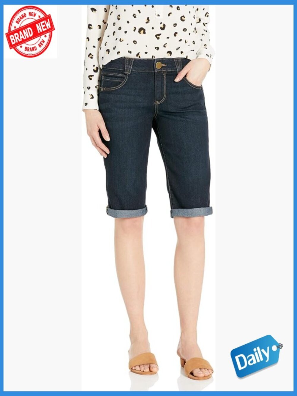13" Bermuda Shorts, Mid Rise Skinny Fit, Super Stretch Denim, No Gap Waist